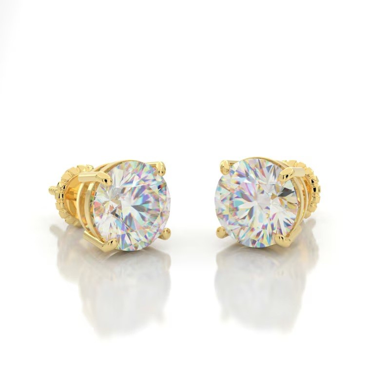 Round Yellow Gold Brilliant Cut VVS Moissanite Stud Earrings