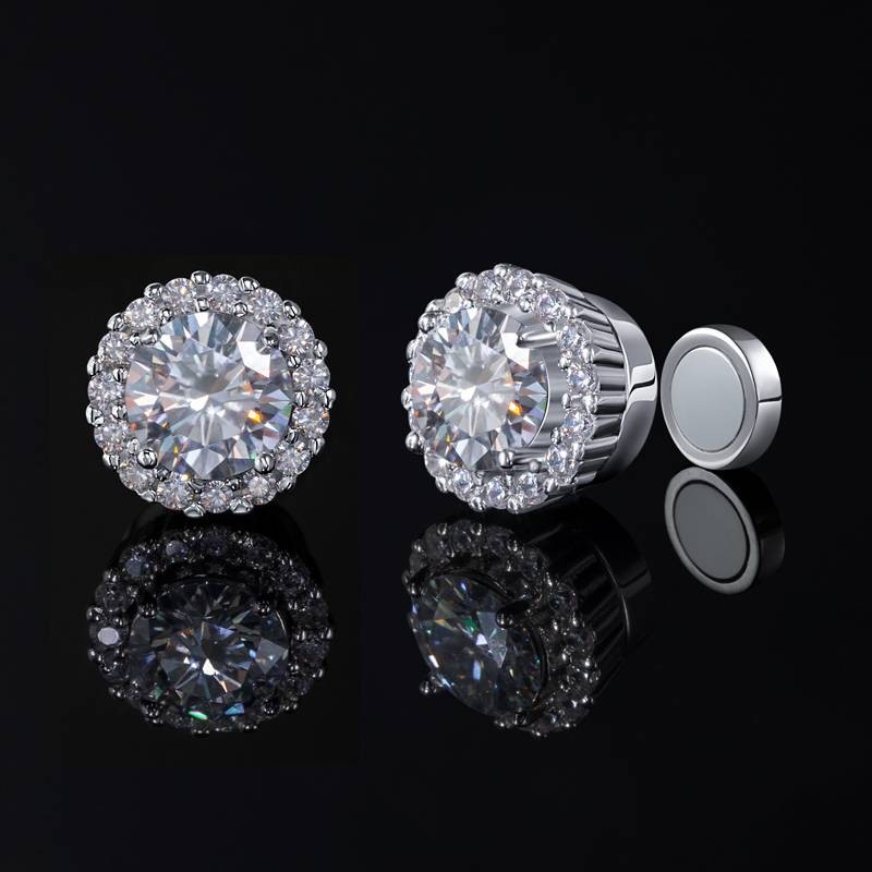 Moissanite Round Cut Magnetic Non-Piercing Stud Earrings in S925 Sterling Silver