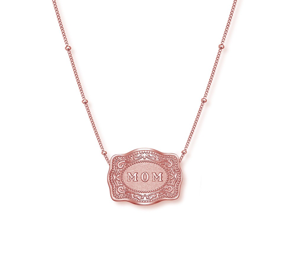 Unisex Rose Gold 925 Sterling Silver "MoM" Engraved Mini Belt Buckle Necklace 