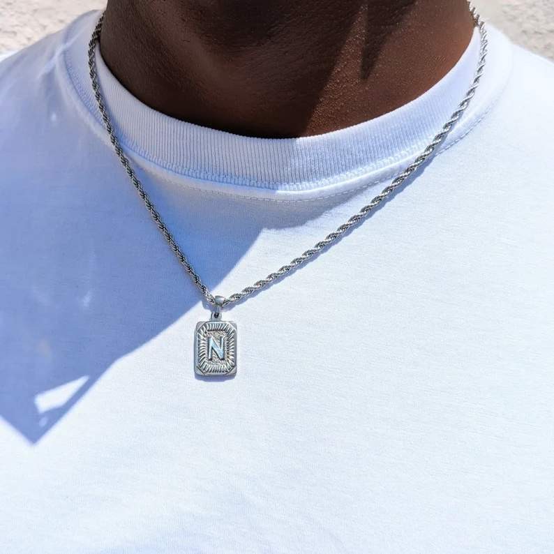 Waterproof Silver Men's Rope Chain Rectangle Letter Initial Necklace