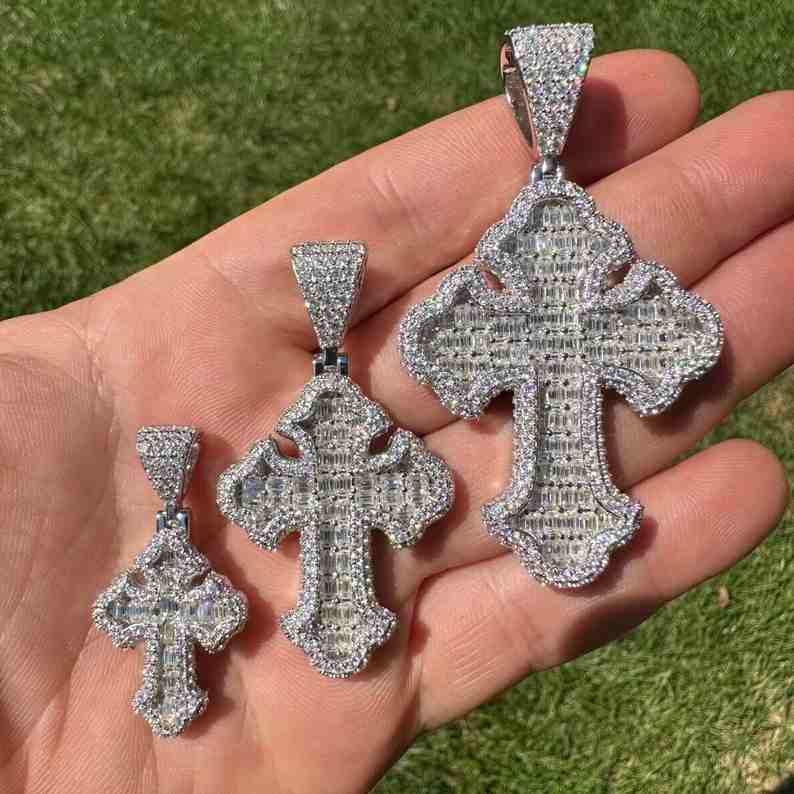 Unisex Iced Out 925 Sterling Silver Baguette Moissanite Gothic Cross Pendants
