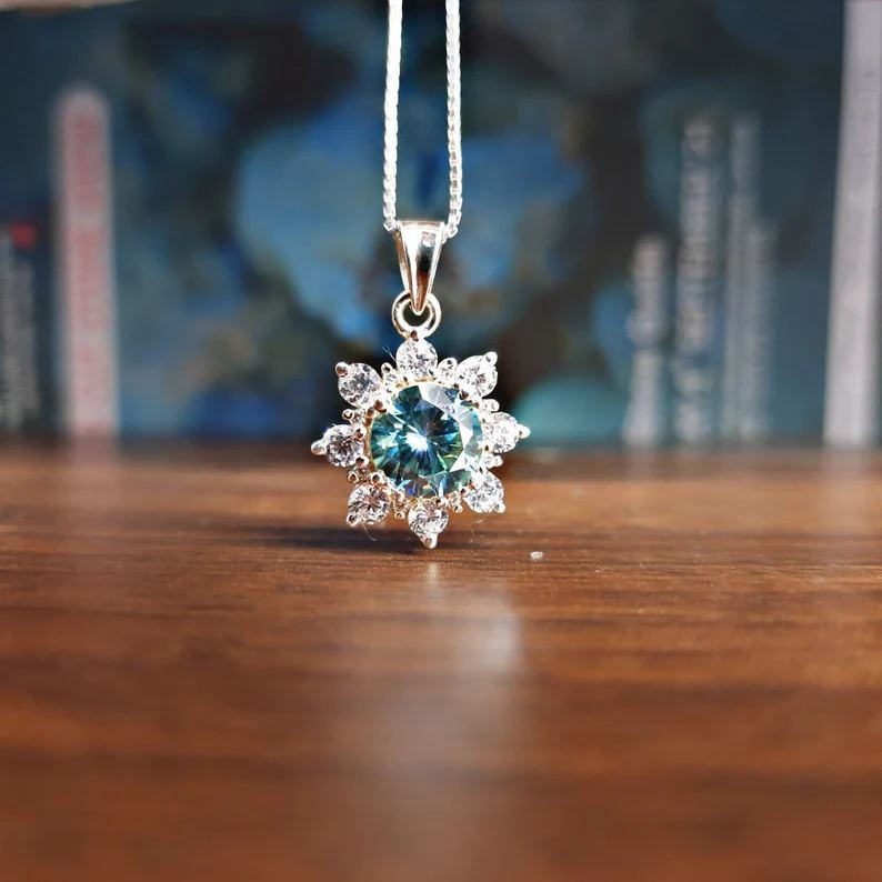 Moissanite 2ct Necklace-Blue Green Stone Necklace Gift For Her 