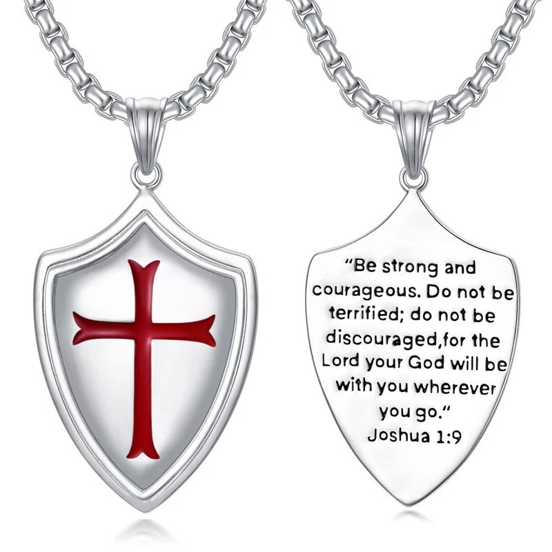 Engraved 925 Sterling Silver Knights Templar & Cross Shield Pendant Necklace with Adjustable Stainless Steel Chain