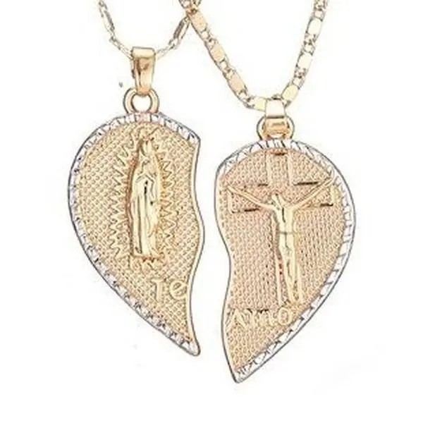 Virgin Mary Heart Design 18K Gold Plated Double Chain Combination Prayer Pendant for Women & Men TE AMO Inscribed Couple Necklace