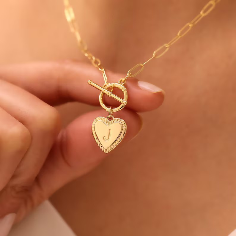 Yellow Gold Heart Initial Necklace