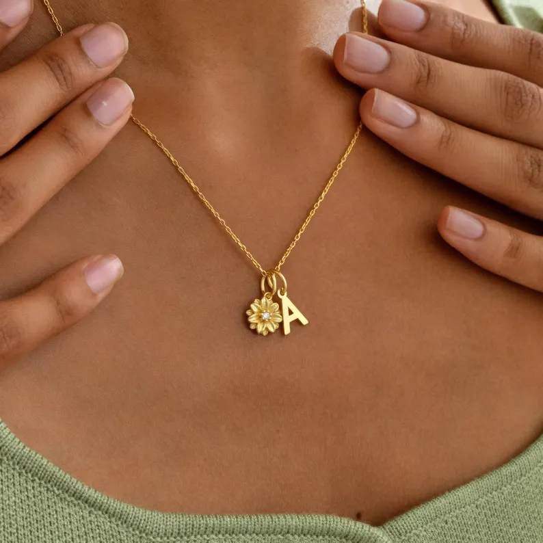 Yellow Gold Customized Birthstone 925 Sterling Silver Birth Flower Initial Necklace with Beaded Chain