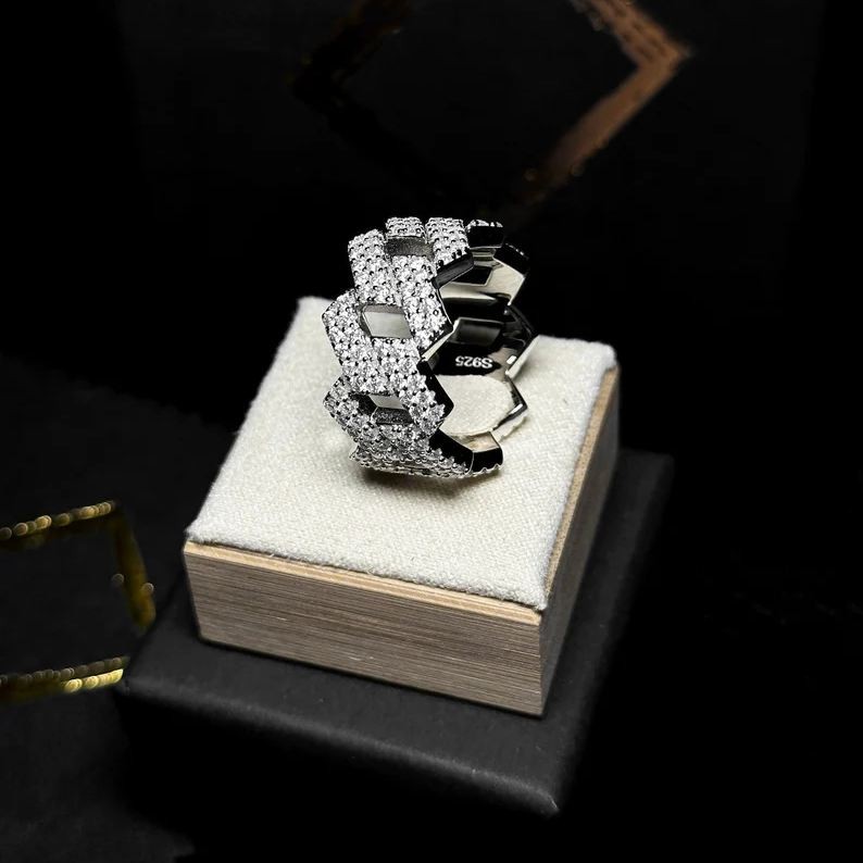 VVS1 Moissanite Miami Cuban Link Silver Ring