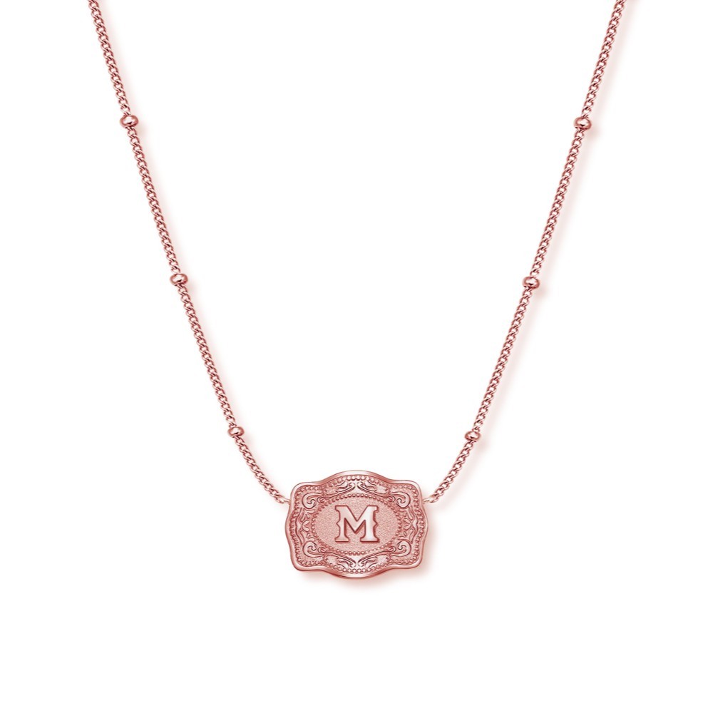 Unisex Ultra Mini Initial Rose Gold S925 Silver Belt Buckle Necklace with Beaded Chain