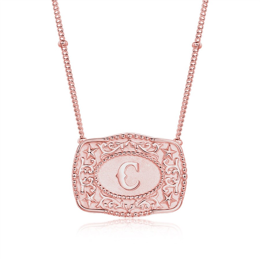 Western Style Personalized Rose Gold Initial 925 Sterling Silver Belt Buckle Necklace