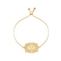 Unisex Yellow Gold Ultra Mini Initial S925 Silver Belt Buckle Bracelet with Adjustable Box Chain