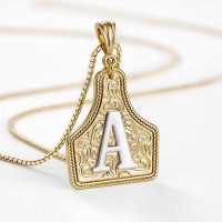 Unisex Handmade CowTag Initial Necklace Two-Toned Gold Pendant Adjustable Chain Gift for Men Women