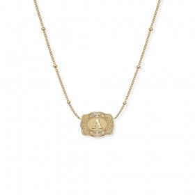 Unisex Ultra Mini Initial Yellow Gold S925 Silver Belt Buckle Necklace with Beaded Chain