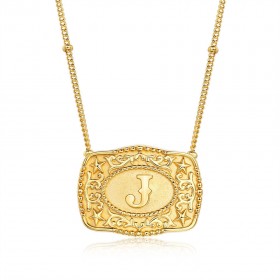 Western Style Personalized Yellow Gold Initial 925 Sterling Silver Belt Buckle Necklace