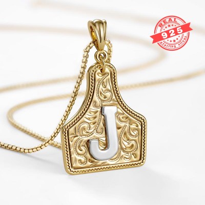 Unisex 925 Sterling Silver Handmade CowTag Initial Necklace Two-Toned Gold Pendant with Free Adjustable Chain Gift for Men Women