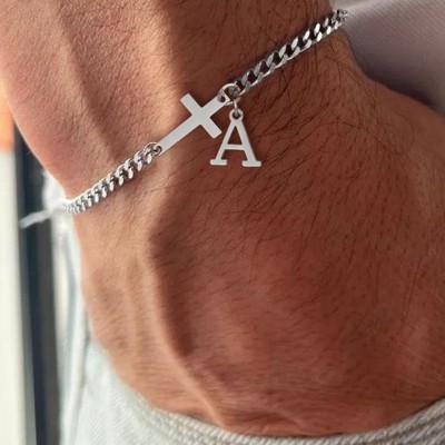 Fashionable 925 Sterling Silver Cross Pendat with Initial Charm Bracelets Gifts for Him or Her