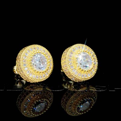 925 Sterling Gold-Plated Iced Round Shape 12mm Hip Hop Earrings