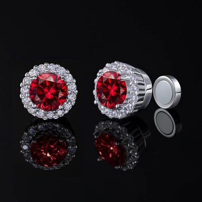 Moissanite Round Cut Magnetic Non-Piercing Garnet Stud Earrings in S925 Silver