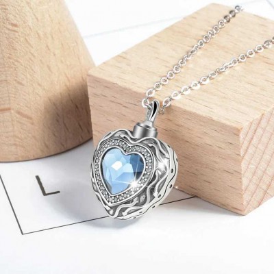 S925 Sterling Silver Blue Heart Crystal Pendant Cremation Urn Necklace Memorial Gift 