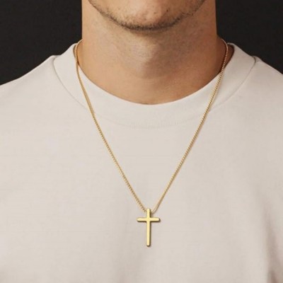 Gold Stainless Steel Cross Pendant Necklace for Men