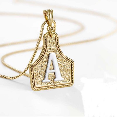 Unisex Handmade CowTag Initial Necklace Two-Toned Gold Pendant Adjustable Chain Gift for Men Women
