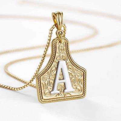 Unisex Handmade CowTag Initial Necklace Two-Toned Gold Pendant Adjustable Chain Gift for Men Women