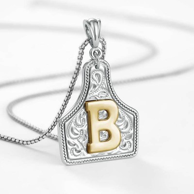 Unisex Handmade CowTag Initial Necklace Two-Toned Silver Pendant Adjustable Chain Gift for Men Women