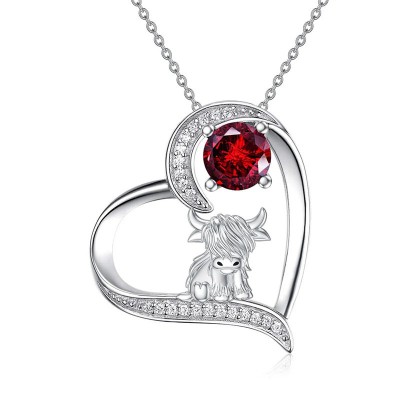 Heart Shape Highland Cattle 925 Sterling Silver Birthstone Pendant Necklace
