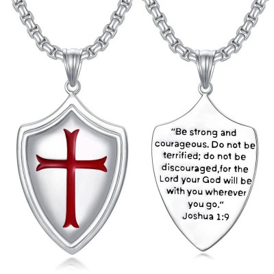 Engraved 925 Sterling Silver Knights Templar & Cross Shield Pendant Necklace with Adjustable Stainless Steel Chain