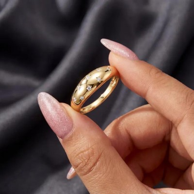 Star Moissanite Ring 925 Sterling Silver Dome Band Chunky Stacking Couple Ring