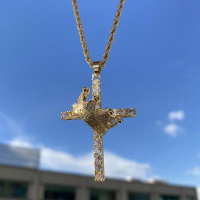 Diamond Cross King Crown Pendant in Gold