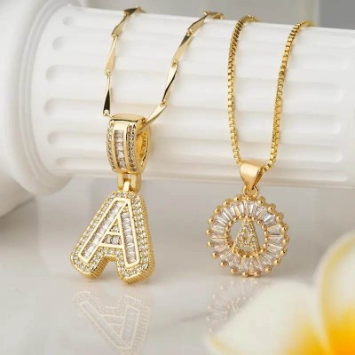 Unisex 2 Pack Handmade Bubble Initial Letter pendant 14K Gold Plated Necklace Set Gift for Men Women