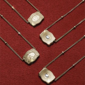 Unisex Ultra Mini Initial Yellow Gold S925 Silver Belt Buckle Necklace with Beaded Chain