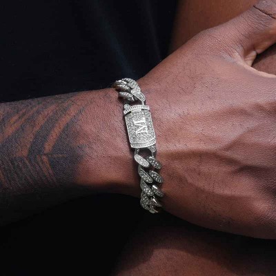 12mm 8" Initial Letter Iced Miami Cuban Bracelet in White Gold