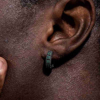 Emerald & Black Stones Hoop Earring In Black Gold