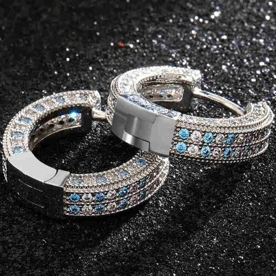 Blue&White Iced Hoop Earring In White Gold