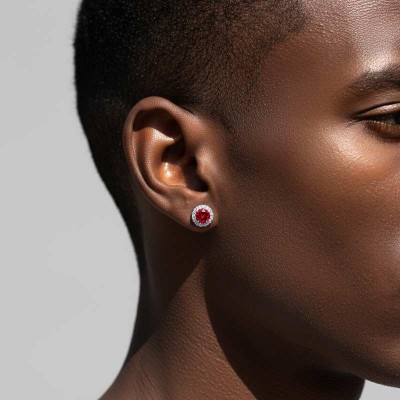 Moissanite Round Cut Magnetic Non-Piercing Garnet Stud Earrings in S925 Silver