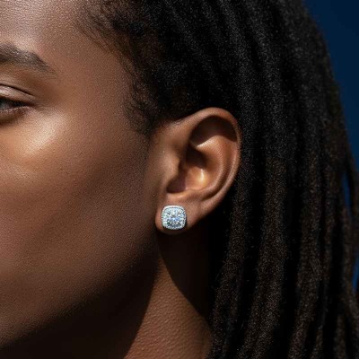 1Ct 925S & VVS Moissanite Cushion Cut Halo Stud Earrings