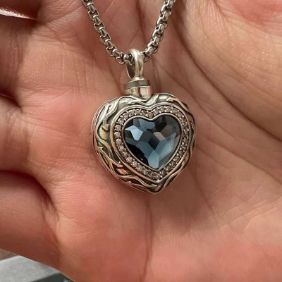 S925 Sterling Silver Blue Heart Crystal Pendant Cremation Urn Necklace Memorial Gift 
