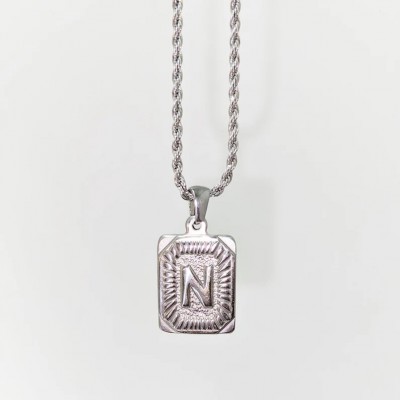 Waterproof Silver Men's Rope Chain Rectangle Letter Initial Necklace