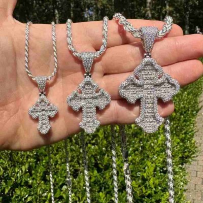 Unisex Iced Out 925 Sterling Silver Baguette Moissanite Gothic Cross Pendants
