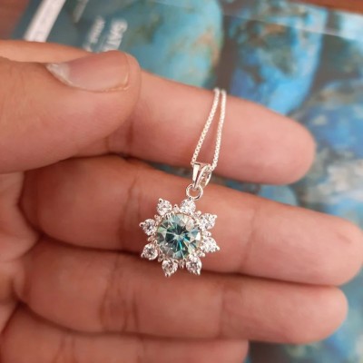 Moissanite 2ct Necklace-Blue Green Stone Necklace Gift For Her 