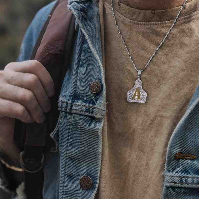 Unisex Handmade CowTag Initial Necklace Two-Toned Silver Pendant Adjustable Chain Gift for Men Women