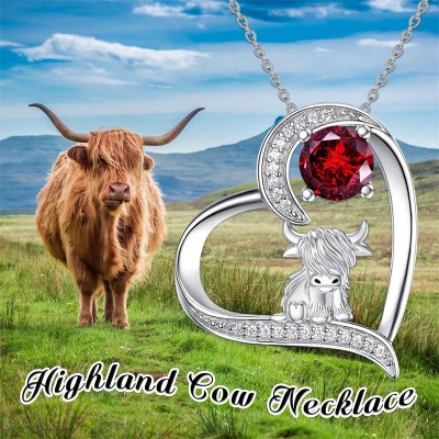 Heart Shape Highland Cattle 925 Sterling Silver Birthstone Pendant Necklace