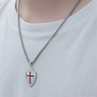 Engraved 925 Sterling Silver Knights Templar & Cross Shield Pendant Necklace with Adjustable Stainless Steel Chain