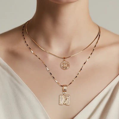 Unisex 2 Pack Handmade Bubble Initial Letter pendant 14K Gold Plated Necklace Set Gift for Men Women