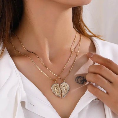 Virgin Mary Heart Design 18K Gold Plated Double Chain Combination Prayer Pendant for Women & Men TE AMO Inscribed Couple Necklace