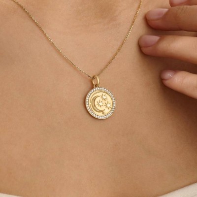 Yellow Gold Moon & Stars Circle Charm Sterling Silver Pendant