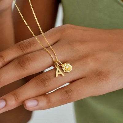 Yellow Gold Customized Birthstone 925 Sterling Silver Birth Flower Initial Necklace with Beaded Chain