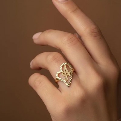 18k Solid Yellow Gold Slanted Heart Initial Letter Alphabet Ring