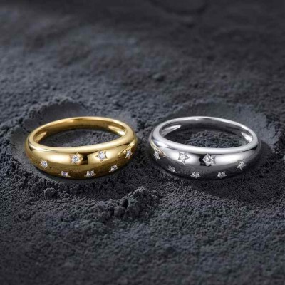 Star Moissanite Ring 925 Sterling Silver Dome Band Chunky Stacking Couple Ring